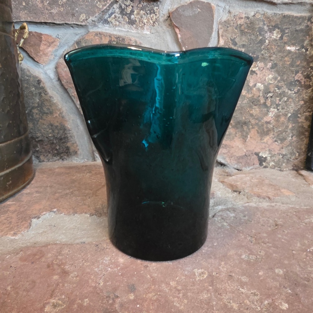 Blenko Hand Blown MCM Teal Green Glass Vase Heavy Freeform Rim Art Glass 9 Inch